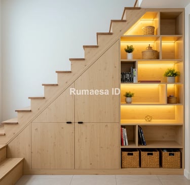 Rak buku di bawah tangga dengan lampu LED, desain fungsional dan estetik