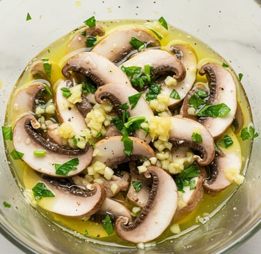 a bowl of mushrooms and mushrooms with a glass bowl of mushrooms
