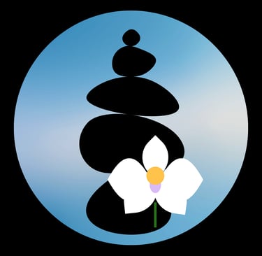 Brand logo of unanomalize, full black square, centered big skyblue circle, a black cairn, a white orchid