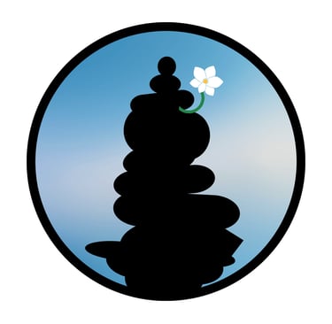 unanomalize podcast brand icon in a black circle with blue sky, black stacked stone cairn, white orchid growing out of cairn