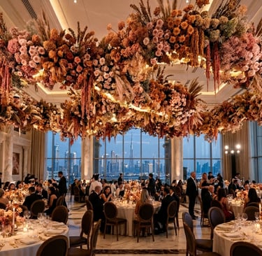 Luxury Dubai wedding hall with a massive floating floral ceiling made of preserved flowers