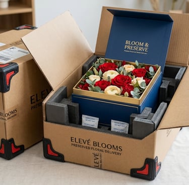 Premium preserved flowers in a shipping box with a suspension base and corner reinforcements