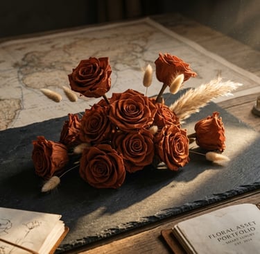 Cinematic Terracotta preserved roses and a global map, representing stable B2B smart luxury floral assets.