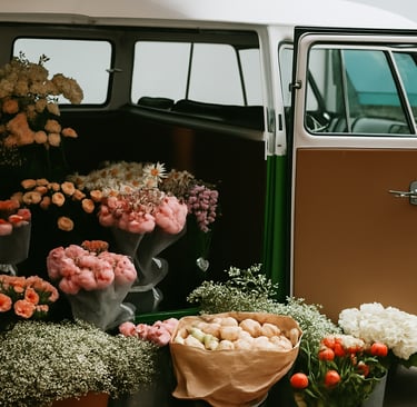 A flower van stall displaying mixed preserved flower bouquets and dried baby’s breath, ideal for wholesale floral markets