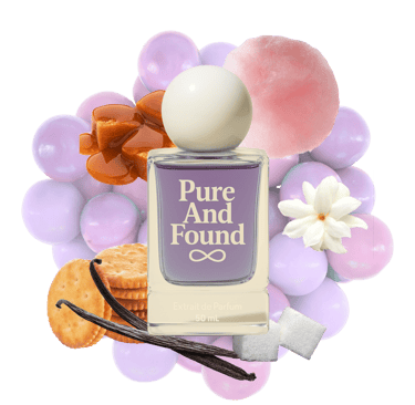 PureAndFound Women’s fragrance bottle surrounded by vanilla, jasmine, peach, and soft floral notes.