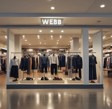 A clothing store display featuring mannequins dressed in casual attire, such as striped and checked shirts and skirts. The store interior is organized with neatly arranged racks of various clothing items, including shirts, blouses, and jackets in a range of colors such as yellow, white, pink, black, and blue. The entrance has glass doors, and the store name is prominently displayed above in bold letters. The lighting is bright, highlighting the clean, modern aesthetic of the space.