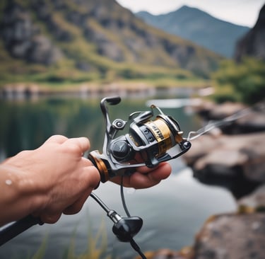 A close-up view of a person holding a fishing rod with a focus on the reel. The hand is wearing a woolen glove, suggesting cool weather. The reel is metallic with green accents, and there is greenery in the blurred background, implying an outdoor setting.