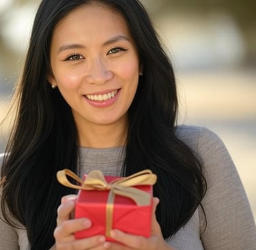 a woman holding a red present box, elevate your brand