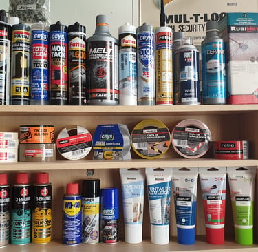 espuma poliuretano, taco quimico, adhesivo de montaje, lubricantes, cintas multiusos