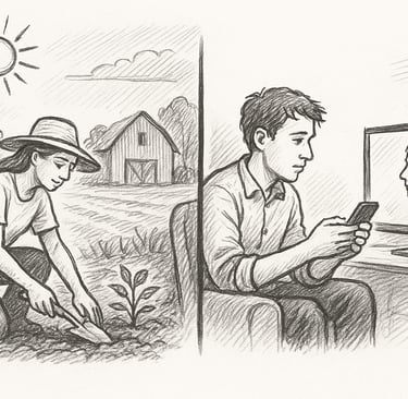 woman on one side planting a tree in the sunshine. on the other side a man on a screen with a woman.