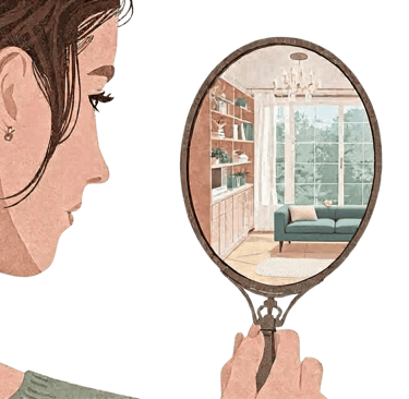 Femme observant dans un miroir le reflet de sa maison – illustration du coaching Feng Shui “Ma maiso