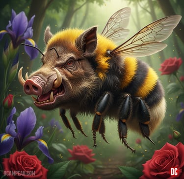 Fantasy creature hybrid of a wild boar and bumblebee flying through a garden of roses and irises.