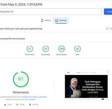 Contoh laporan prestasi laman web yang diperolehi daripada Google's Page Speed Insight.