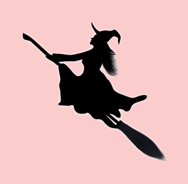 Illustration d'une sorcière qui s'envole sur son balai