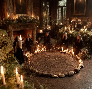 cercle de femmes assise autour d'un pentacle, des bougies pendant le sabbat de yule
