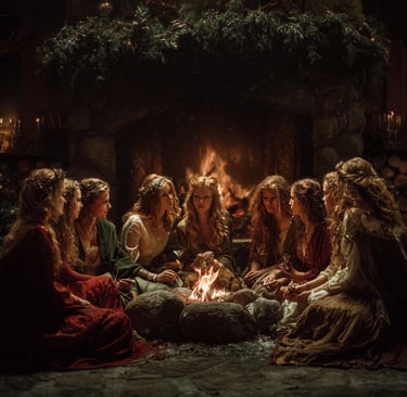 Cercle de femmes qui célèbre Yule autour d'une buche en feu pour le sabbat du solstice d'hiver.