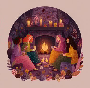 Illustration d'un cercle de femmes réunies devant un feu ouvert