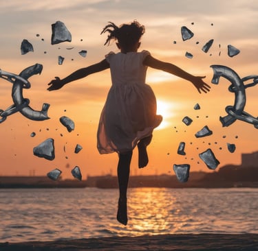 Femme qui brise ses chaines et se libère face à la mer et au soleil couchant