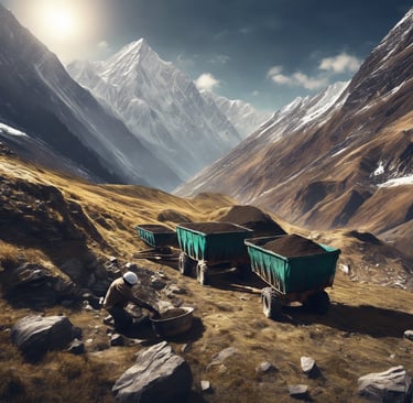 A scene of shilajit harvesting in the Himalayan mountains in sunny nature