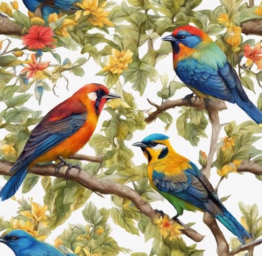a group of birds sitting on top of a tree