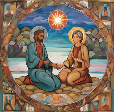 a painting of a man and woman sitting on a beach