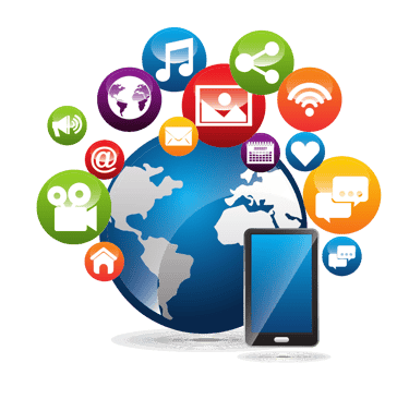 Globo terráqueo con íconos de redes sociales y compartición alrededor, simbolizando conexión global