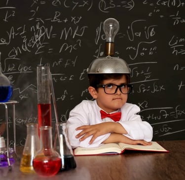 Criança em sala de aula, estudando ciência e criando ideias.