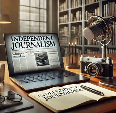 Mesa com microfone, câmera e laptop, simbolizando jornalismo investigativo.
