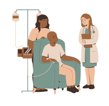 Nurse and doctor caring for a patient in chemotherapy, symbolizing cancer treatment.