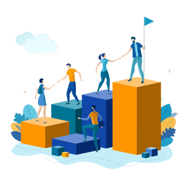 People climbing steps, with those at the top helping others, symbolizing growth and collaboration.