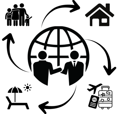 Icone de executivos compartilhando interesses em comum como família, moradia, viagem e lazer.