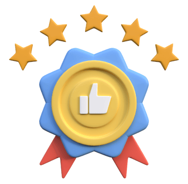 Ícone de polegar para cima com medalha e cinco estrelas, simbolizando excelência e alta qualidade.