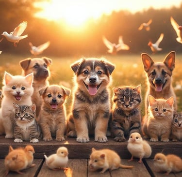 Cachorros, gatos, pássaros, coelhos e outros bichos postando para foto representando os Pets de Deus