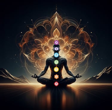 Pessoa em posição de lótus com chakras alinhados, representando o Projeto Terapias da Alma