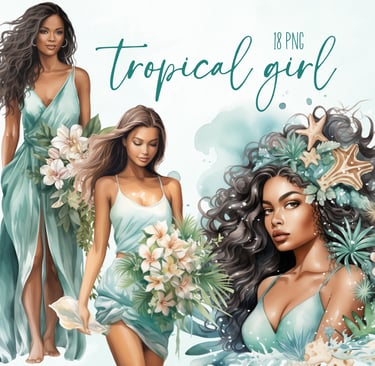 Commercial Use Tropical Girl Clipart Bundle