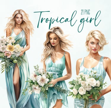 Commercial Use Tropical Blonde Girl Clipart Bundle
