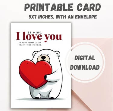 Greeting card with a bear holding a heart. Text overlay: Printable card
