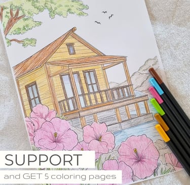 Coloring page with a wooden cabin by a lake, surrounded by pink flowers, trees, and birds. Six color