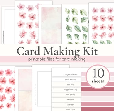 Printable sheets with flowers, leaves, stripes. Text overlay: Printable Card Making Kit Free