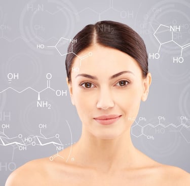 a woman with a lot of chemical formulas on her face