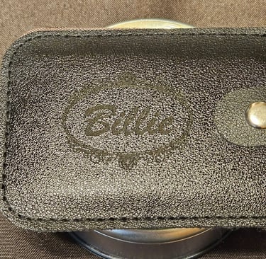 Close up view of engraving on black leather