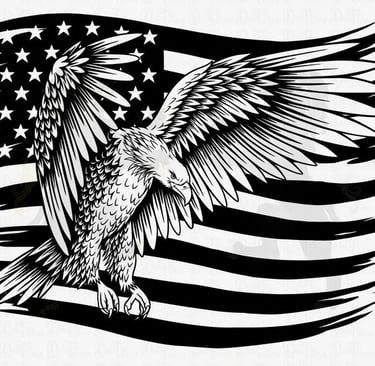 AI generated design with eagle over flag that can be engraved on tumblers, wood, tile and more.