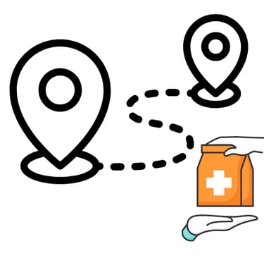 a map marker from once destination to the next and in the corner a hand receiving an orange bag