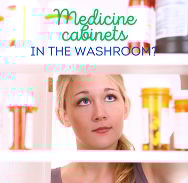 a woman in a gray tank top lookin at a medicine cabinet with medicine bottles