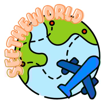a plane flying over a globe with the words See the world on it