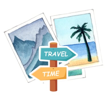polaroid pictures of mountains and a palm tree with a sign saying travel time in the front