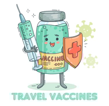 a cartoon vial with a happy face holding a syringe with the words travel vaccines below it