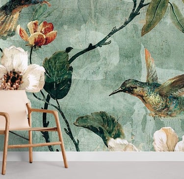a chair and a chair with nice wallpaper showing flower in the background