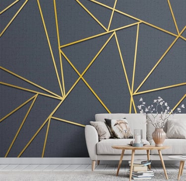 geometric wallpaper in a living room with a couch and a coffee table