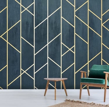 a chair and a chair in a room with a chair and a table and geometric wallpaper